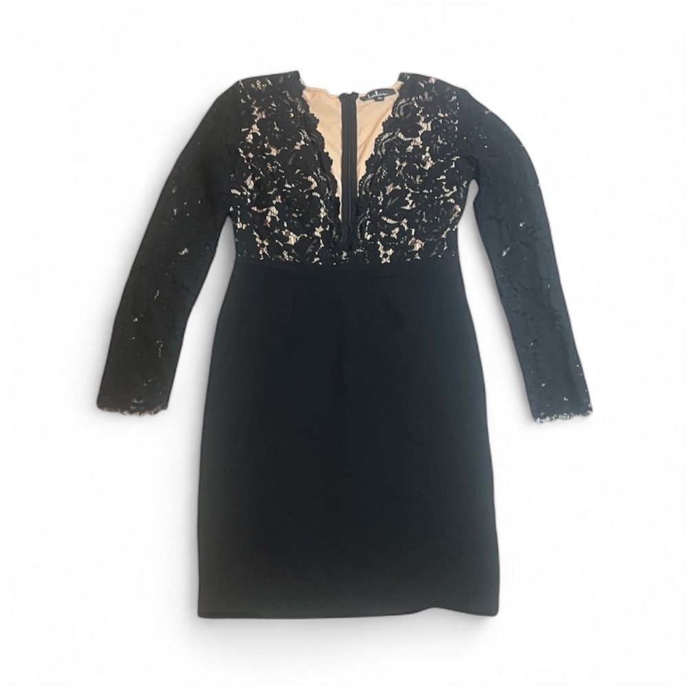 Lulu's Elegant Black Lace Long Sleeve Deep V Dress sz M